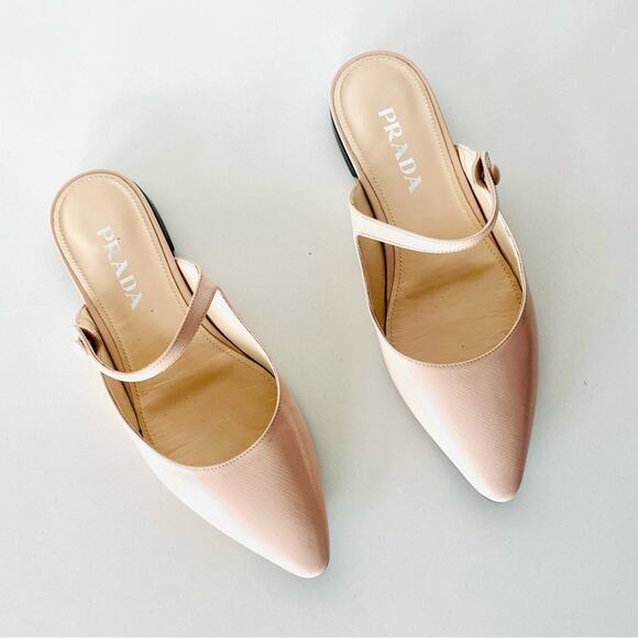 PRADA Nude Cream Beige Patent Leather Strap Pointed Toe Flats Slip On Slides 38 - Picture 3 of 16